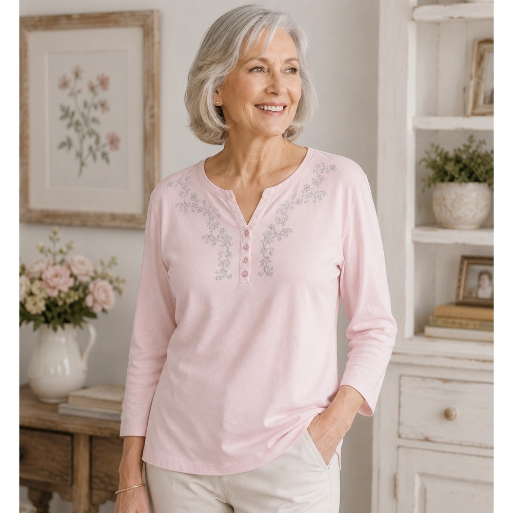 Classic Elements Women's Pink Embroidered Henley Top Floral Cottagecore Shirt